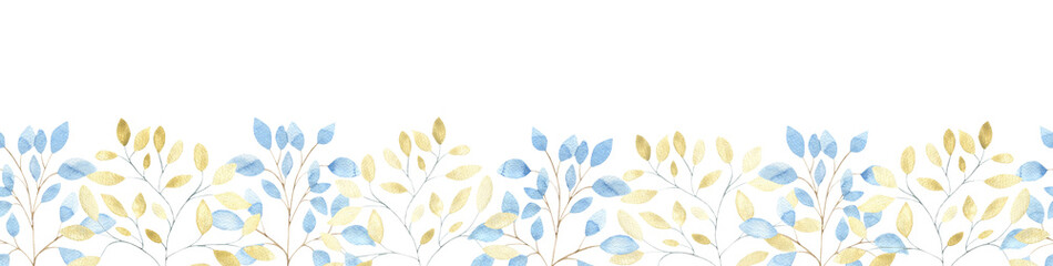 Watercolor border with blue and gold leaf branches on a white background. Botanical illustration for postcards, interior, fabrics