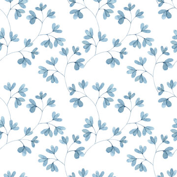 Watercolor seamless pattern with blue leaf twigs, small leaves on a white background. Botanical illustration for fabrics, dresses, interiors