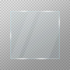 Transparent square on mock up. Blank adhesive paper or plastic sticker label.  Vector illustration.