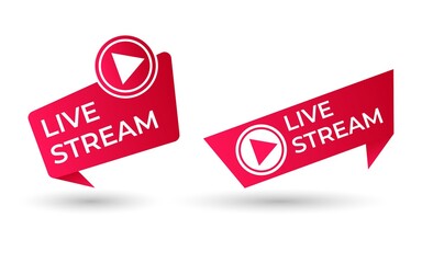 Live stream label template vector illustration on isolated background. Red play button icon.