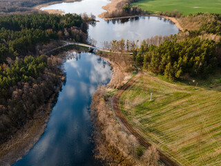 Backwaters, lakes, forests, nature - Masurian lakes. Aerial view, photos from the drone - obrazy, fototapety, plakaty