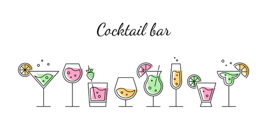 Glasses with Alcoholic Cocktails, Champagne, Wine and Cognac. Cocktail bar concept. Vector Black Thin Linear Contour. Trendy design on a white background. Illustration