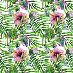 Botanical seamless pattern with tropical green leaves, exotic pink hibiscus flowers with buds. Summer Hawaiian drawing. Hand-drawn watercolor on a white background for textiles, fabrics, packaging.