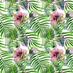  Botanical seamless pattern with tropical green leaves, exotic pink hibiscus flowers with buds. Summer Hawaiian drawing. Hand-drawn watercolor on a white background for textiles, fabrics, packaging. © Pavla aquarelle