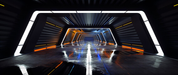 Sci-Fi Futuristic, Modern, Dark Room, Stage, Studio, Cyber Tunnel, Underground, Warehouse, Garage With Neon Glowing Lights - 3D Illustration