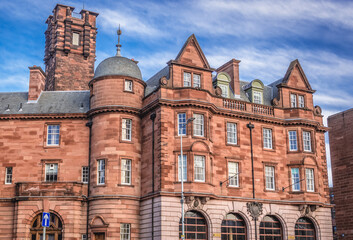 Fototapeta na wymiar Exterior view of Fire Station building at Edinburgh College of Art in Edinburgh city, Scotland