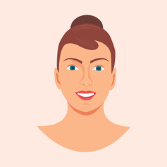 Beautiful woman portrait isolated on background. Vector Flat Illustration. The face of a pretty girl. Avatar of young woman. Portrait of woman's head and neck. Illustration of a beautiful girl face