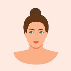 Beautiful woman portrait isolated on background. Vector Flat Illustration. The face of a pretty girl. Avatar of young woman. Portrait of woman's head and neck. Illustration of a beautiful girl face