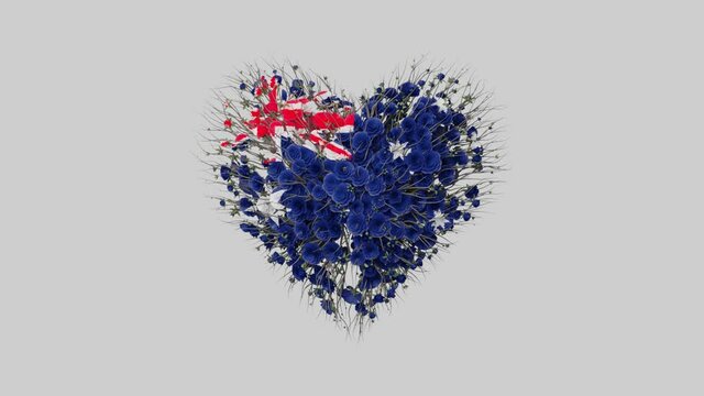 Australia National Day. Heart animation with alpha matte. Flowers forming heart shape. 3D rendering.