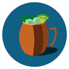 Mug of Moscow Mule cocktail with mint leaves, ice cubes and slice of lime