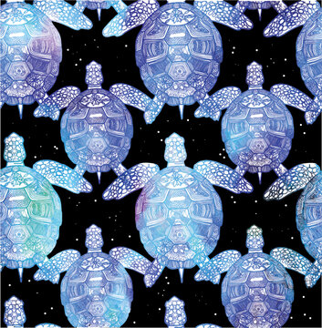seamless pattern with sea turtles. Marine life. Doodling, mandala pattern. Drawing by hand. Stylish background.