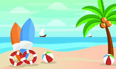 Vector summer beach with waves, coconut tree and surfing board