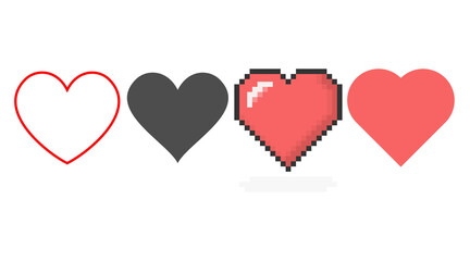 Heart icons set. Outline vector shape love sign on a background. Pixel 8 bit heart symbol.