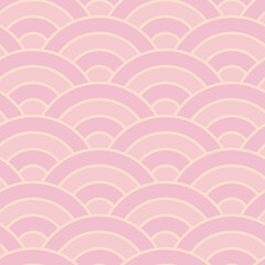 Seamless pink Japan sea wave pattern. Repeating grey ocean water curve asian texture. Sakura color line art vector illustration
