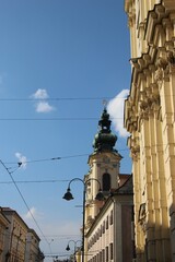 Historic church and building in the main pedestrian street in the old town of Linz, Austria, Europe.