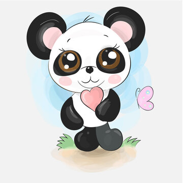 Cute little panda character isolated on watercolour background with heart and butterfly. Hand drawn cartoon art.