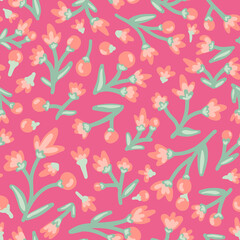 Abstract Flowers with Leaves and Berries Seamless Repeat Pattern. Random Placed Vector Botany All Over Print on Pink Background.