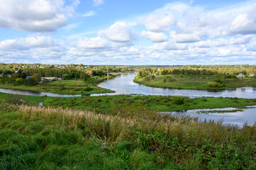 Fototapeta na wymiar View of the confluence of the Vazuza River with the Volga River, Zubtsov, Tver region, Russian Federation, September 19, 2020