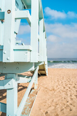 Details of the light blue lifeguard tower on Los Angeles beach, a recognizable feature of the...