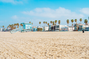 Lifeguard stations at famous Venice beach, Los-Angeles, California - Powered by Adobe