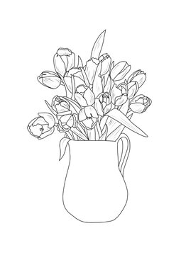 hand drawn illustration of a bouquet of tulips in a jug or vase in one line style
