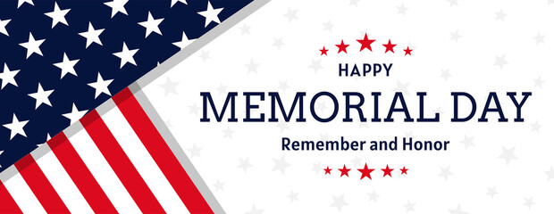 Vector of US Memorial Day celebration background banner or greeting card, with text and USA flag elements.