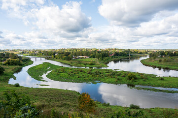 Fototapeta na wymiar View of the confluence of the Vazuza River with the Volga River, Zubtsov, Tver region, Russian Federation, September 19, 2020