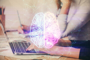 Multi exposure of woman hands working on computer and brain hologram drawing. Ai concept.