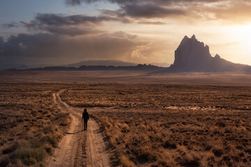 Woman walking on a dirt road in the dry desert with a mountain peak in the background. Dramatic...