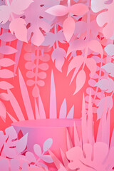 Trendy pastel pink colored scene with empty paper podium and handmade paper cut jungle plants leaves decor. Cosmetics or beauty product promotion mockup with copy space
