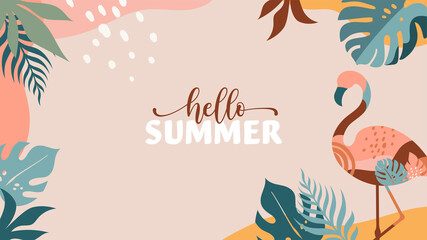 Bohemian Summer, modern summer sale background and banner design of rainbow, flamingo, pineapple, ice cream and watermelon 