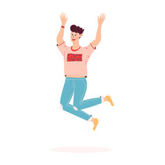 Happy person jumping. Man with raised hands jumping in the air. Positive and laughing men. Young funny teen guy celebrate victory and enjoy success. Flat vector illustration isolated on white