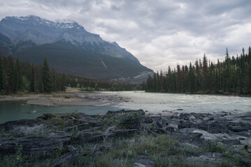 Extremely cloudy and rainy weather above Athabasca River and Mount Kerkeslin in Jasper National Park, AB, Canada. Harsh conditions in the Canadian Rockies.