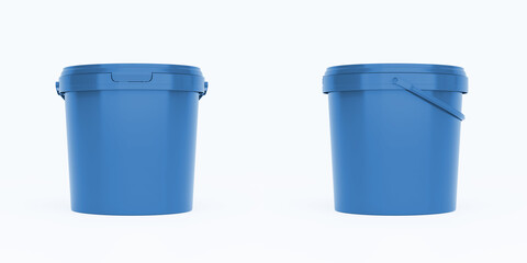Blue 1,5l plastic paint can / bucket / container with handle and no label, isolated on white background.