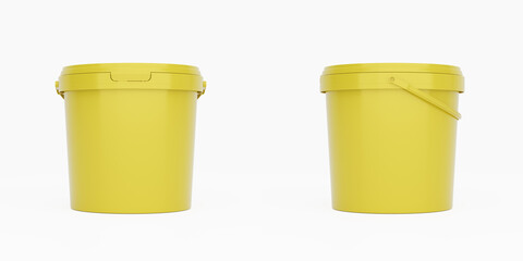 Yellow 1,5l plastic paint can / bucket / container with handle and no label, isolated on white background.