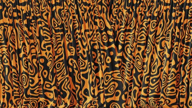 Realistic 3D animation of the textured orange tribal pattern curtain rendered in UHD with alpha matte