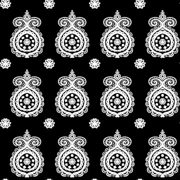 Abstract Bandana Paisley Seamless Repeat Pattern. Mehndi, Henna, Mandala Vector Elements with Small Flowers All Over Print on Black Background.