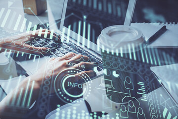 Double exposure of woman hands typing on computer and technology theme drawing. High Tech concept.