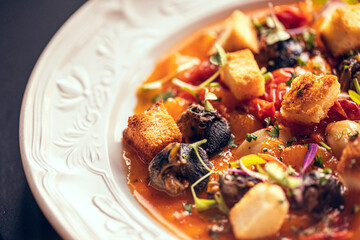 tomato based seafood meal served in a decorative and elegant white dish