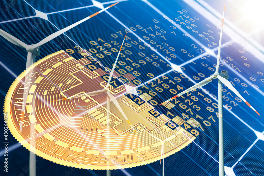 Poster bitcoins and new virtual money concept.gold bitcoins with candle stick graph chart and digital backg
