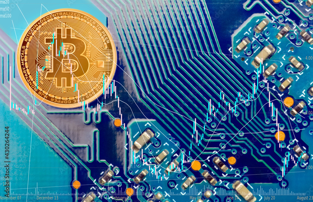 Poster bitcoins and new virtual money concept.gold bitcoins with candle stick graph chart and digital backg