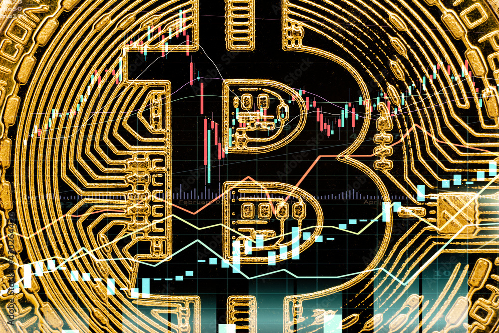 Poster bitcoins and new virtual money concept.gold bitcoins with candle stick graph chart and digital backg