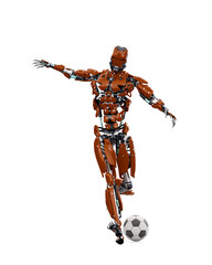 master cyber robot is kicking the football ball