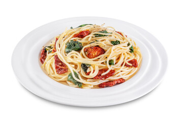 Dried tomato spinach Pasta on a white isolated background