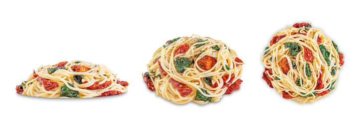 Dried tomato spinach Pasta on a white isolated background