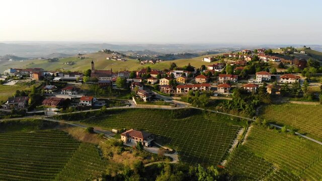 Treiso town landscape, Langhe, Piedmont, Italy. sunset light on vineyards