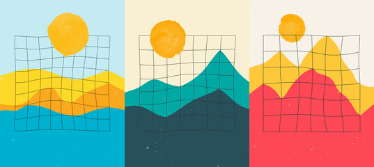 Vector illustration landscape. Beach by sea, mountain peak, green hill. Line grid pattern. Mountains background. Hand drawn flat cartoon style. Design for notebook, poster, cover, postcard, brochure