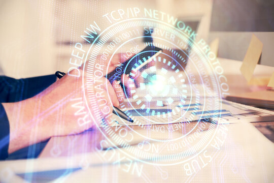 Multi exposure of man's hands holding and using a digital device and data theme drawing. Innovation concept.