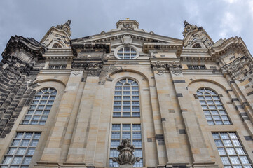 Dresden's Frauenkirche facade within its historic picturesque old town.