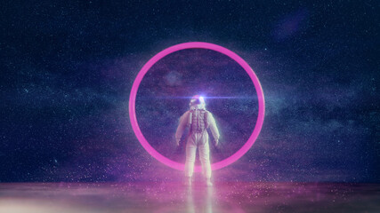 SPACE TRAVELER - ASTRONAUT | Neon Glowing Synthwave / Retro Banner [3D Render Illustration] + Sternenhimmel-Hintergrund - 8K